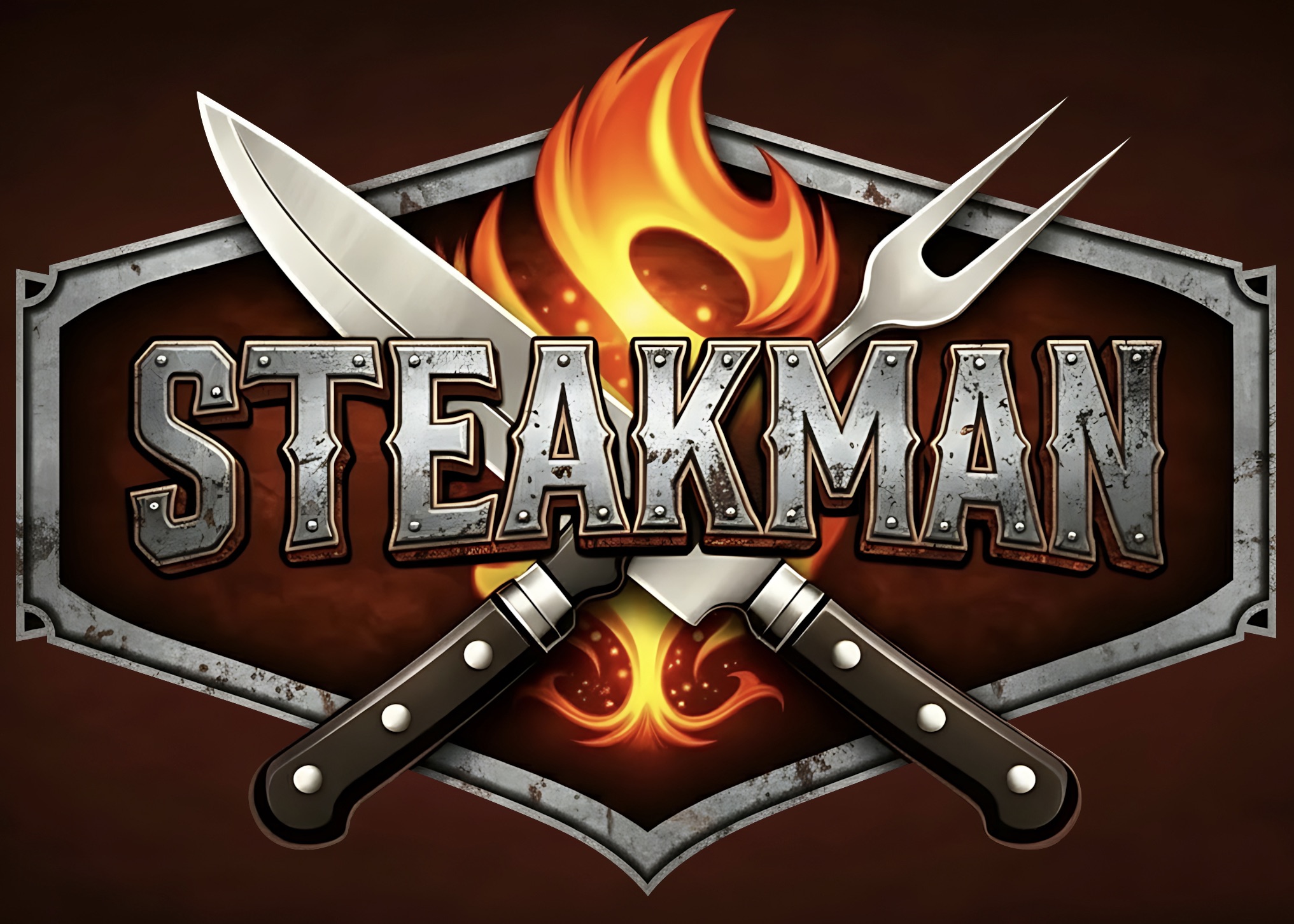 Steakman — crossed knife and fork over an iron emblem wreathed in flame